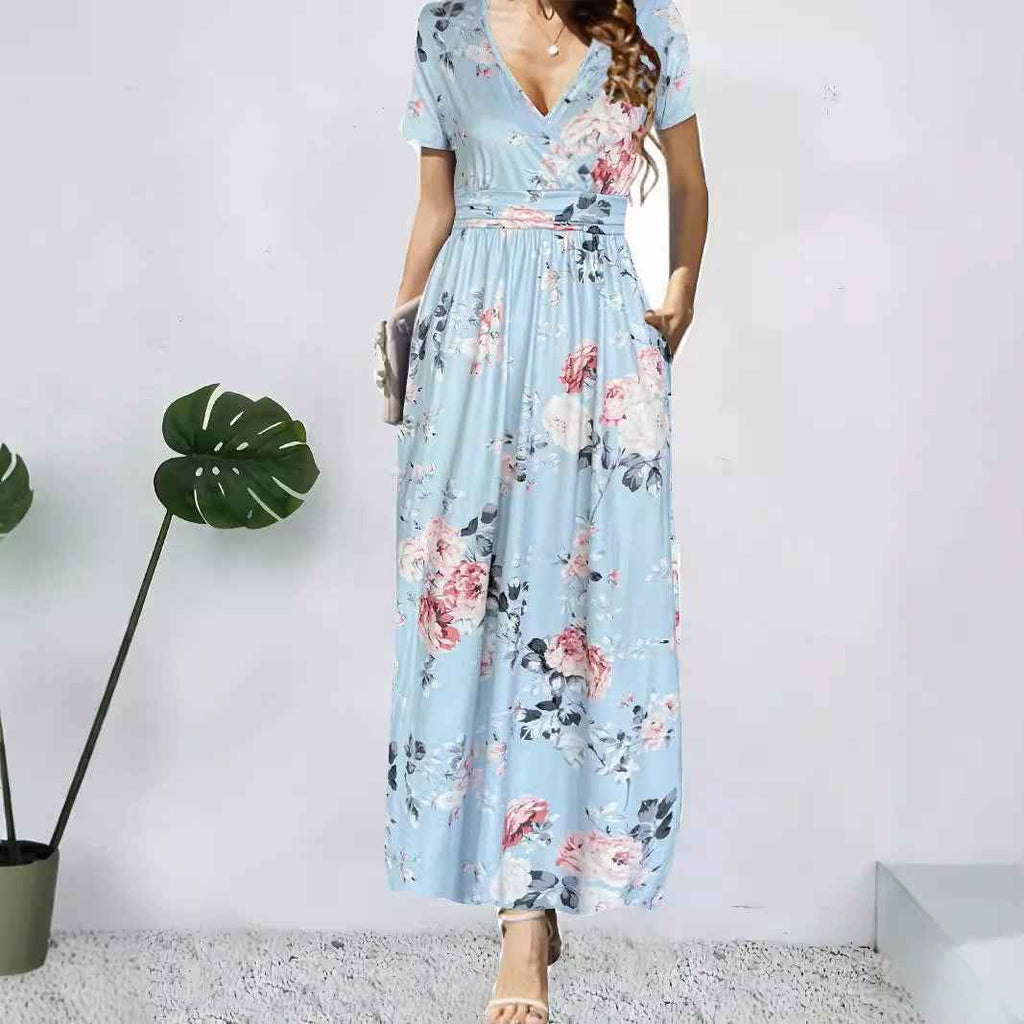 Printed V-neck Short Sleeve Dress