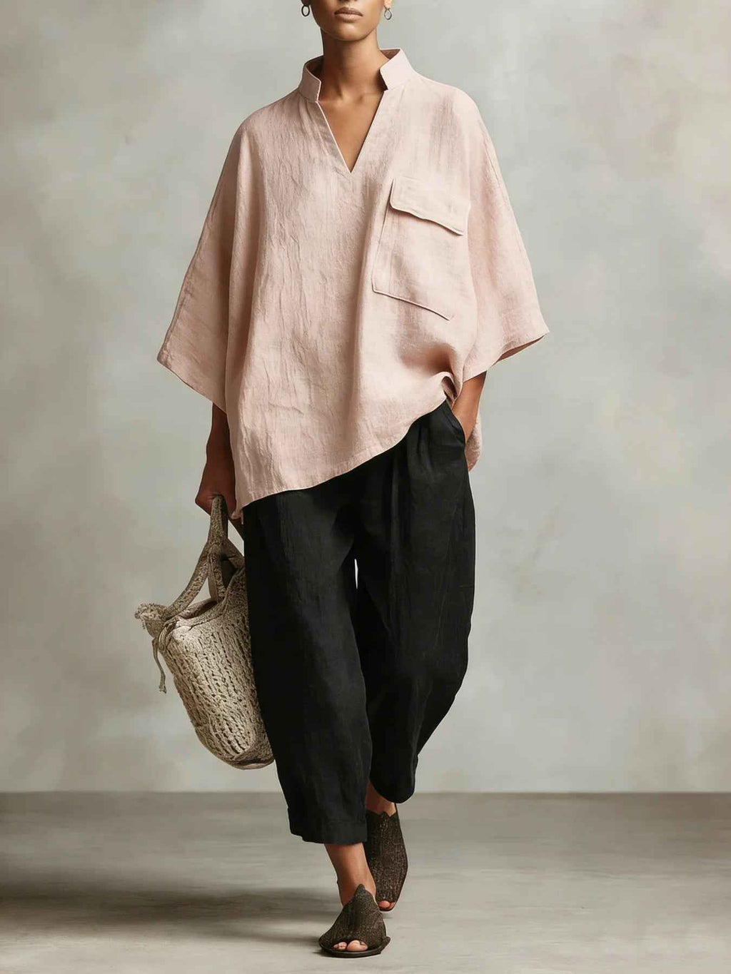 Cotton Linen Batwing Sleeve Shirt – Relaxed V-Neck with Pockets
