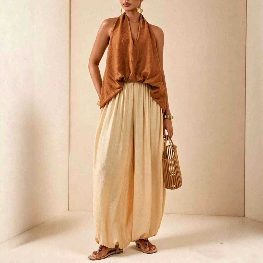 Halter-Neck Vest & Lantern Pants Two-Piece Set — Chic & Relaxed