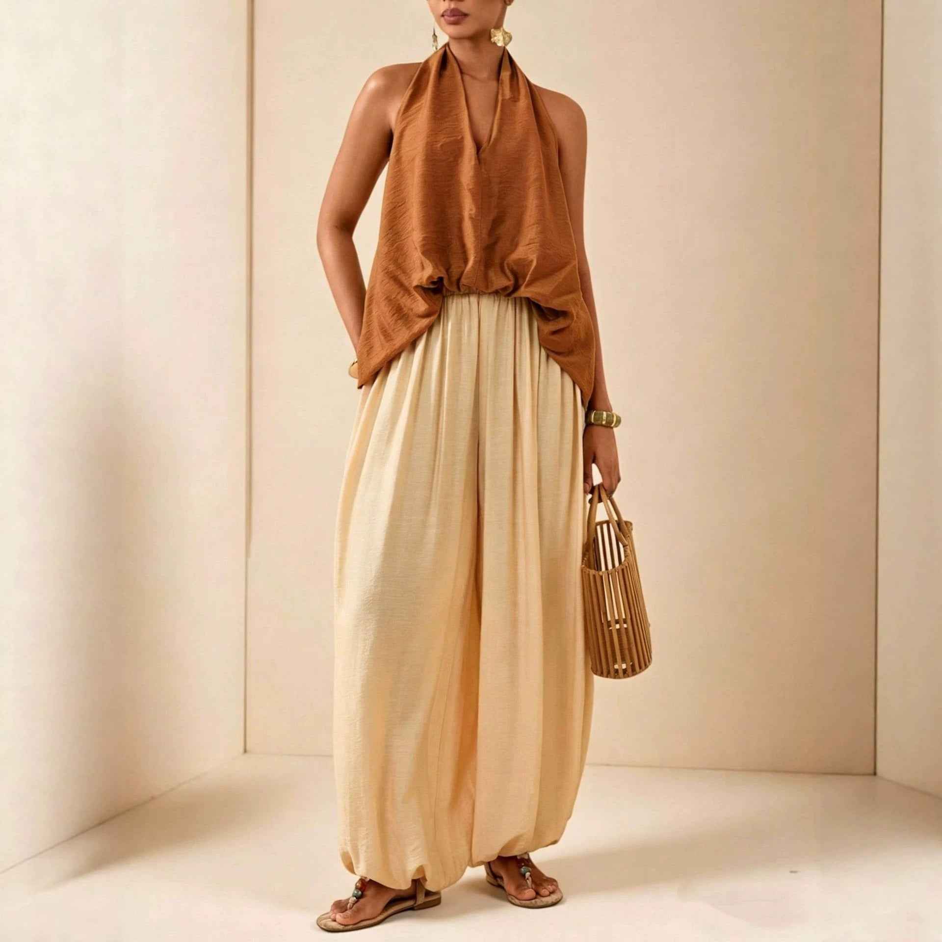 Halter-Neck Vest & Lantern Pants Two-Piece Set — Chic & Relaxed