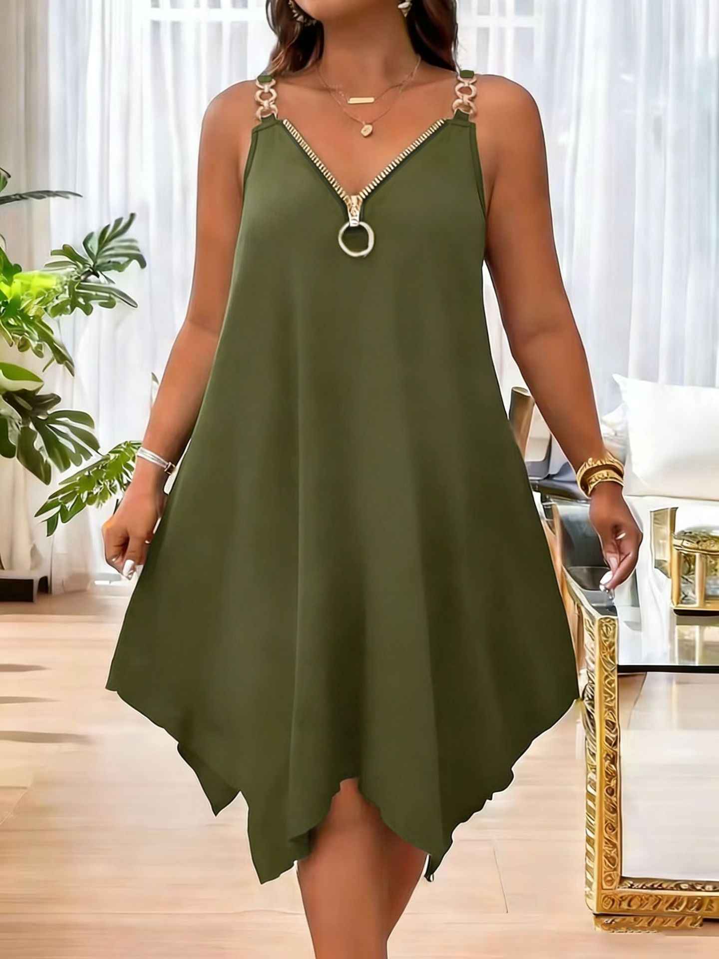 V-Neck Zip-Detail Sleeveless Slip Midi Dress — Relaxed Fit