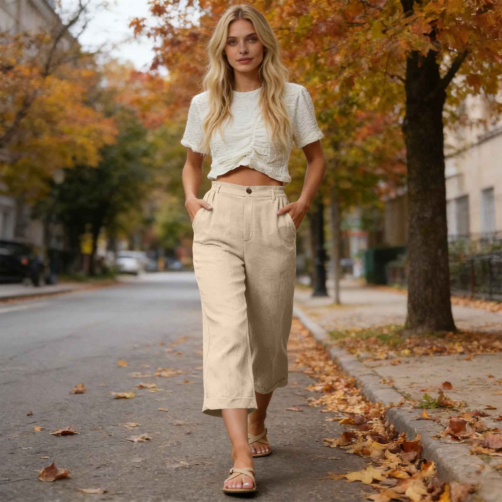 Pocketed Loose-fitting Breathable Summer Capri Pants