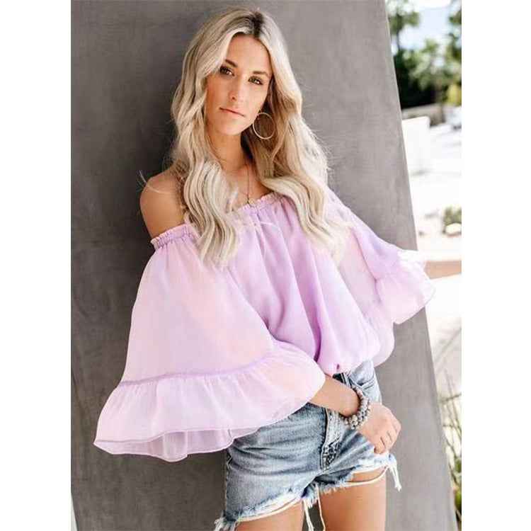 One-shoulder Loose-fit Chiffon Blouse With Flared Sleeves