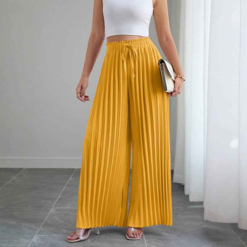 Pleated Wide-Leg Pants — Elastic Waist, Drawstring, 4 Colours, S–XXL