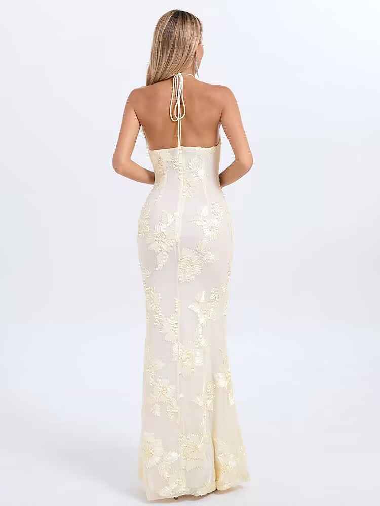 3D Floral Appliqué Halter-Neck Tulle Mermaid Gown