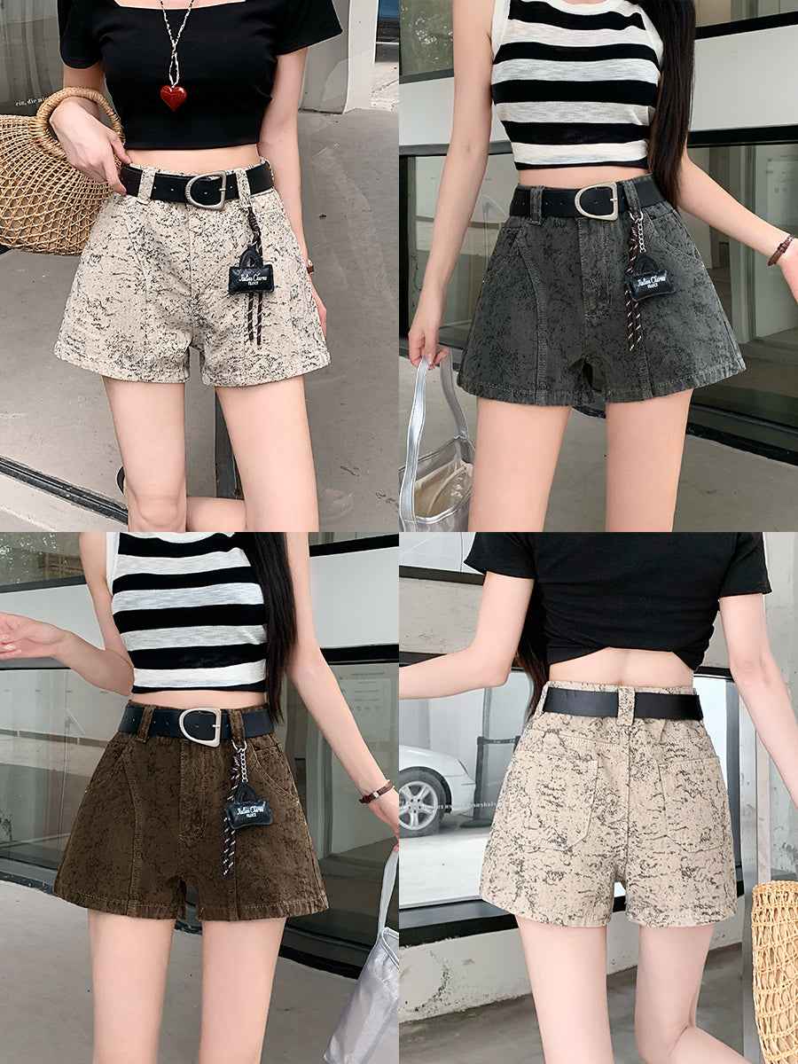 High-Waisted Acid Wash Denim Shorts with Belt – Marbled Straight Leg