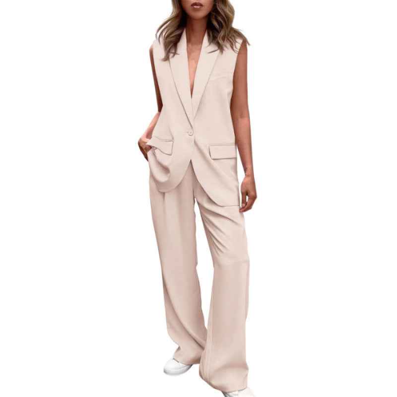 Elegant Sleeveless Button-up Blazer And Relaxed-fit Trousers Set For Women