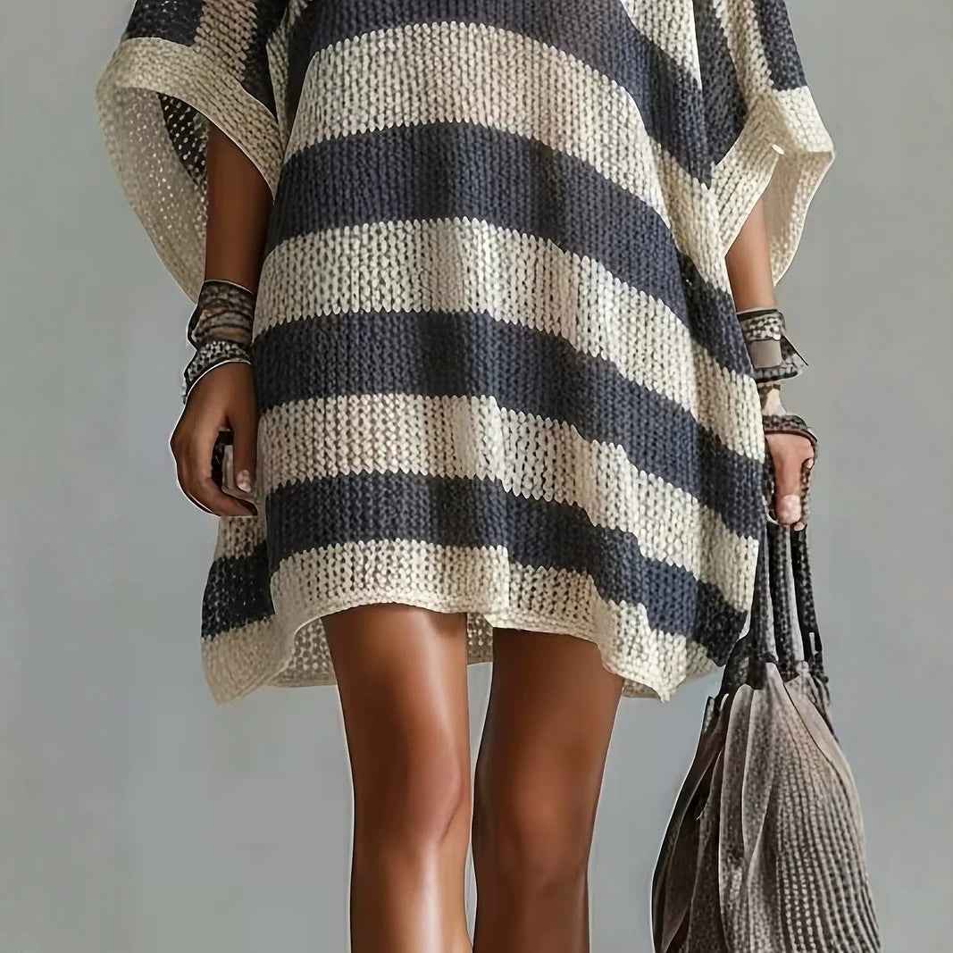 V-Neck Puff Sleeve Colour-Block Knit Sweater – Plus Size