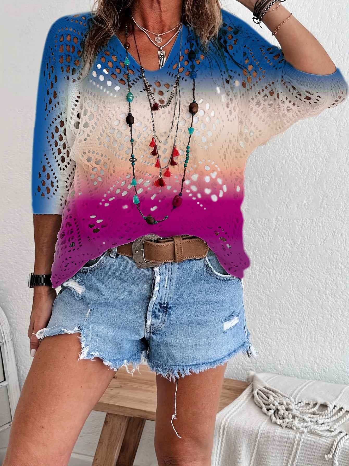 Women's 3D Knit Batwing Sweater – Hollowed-Out Elegant Design
