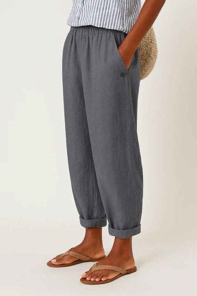 Women's Digital Print Straight-Leg Trousers – Slub Linen Look, Mid-Rise