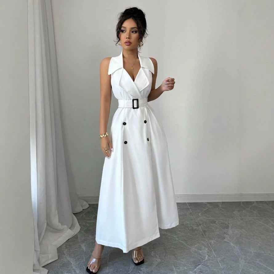 Sleeveless Double-Breasted Polo Collar A-Line Mini Dress