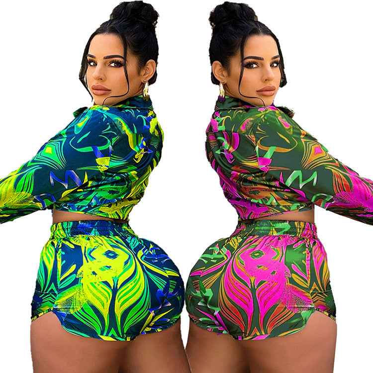 Printed Short-Sleeve Shirt And Casual Hot-Pants Set