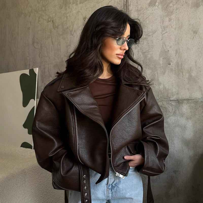 Lace-Up Turn-Down Collar Leather Jacket — Dark Brown