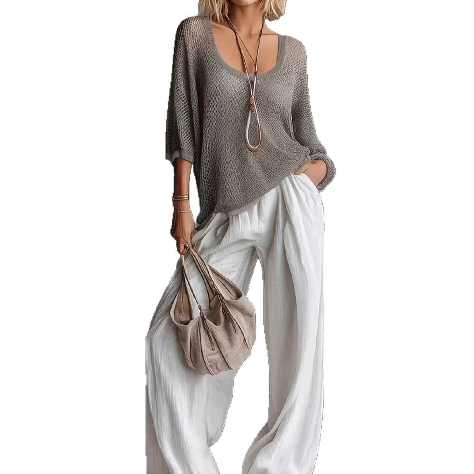 Round-neck Hollow-out Fashionable Womens Plus-size Knit Top