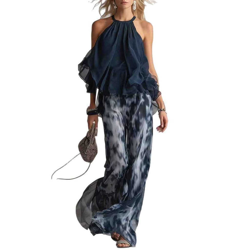 Women's Printed Chiffon Halter Top & Wide-Leg Pants Set — Navy Blue, S–2XL