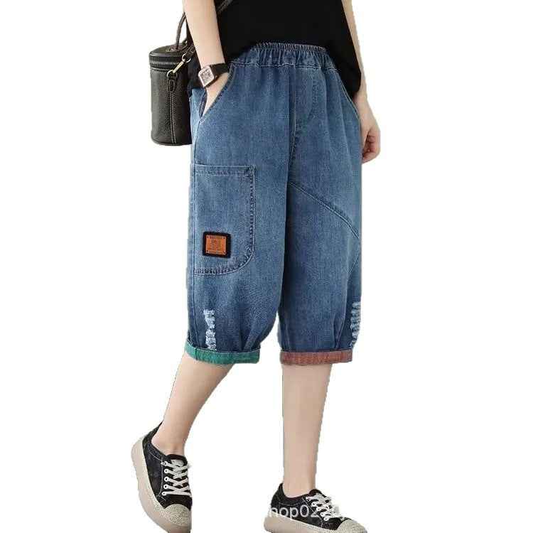 Washed Denim Harem Cropped Pants – High-Waist Retro Capris