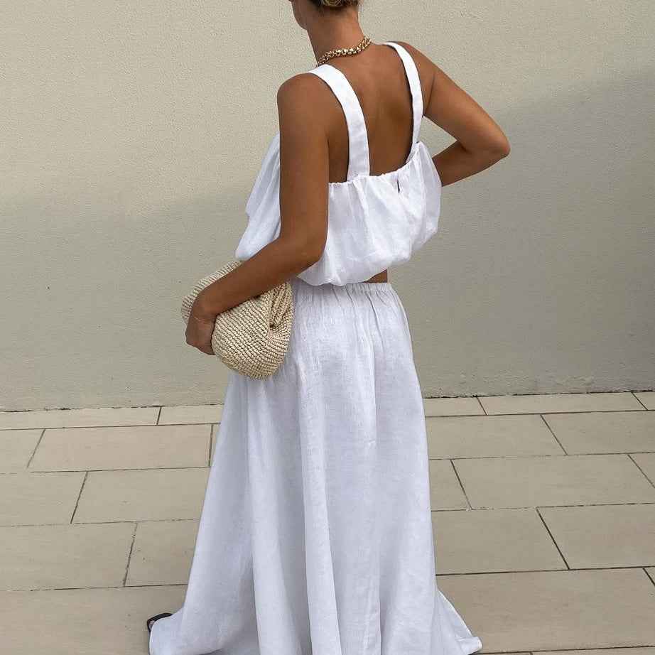Women's White Cotton-Linen Vest & Flared Midi Skirt Two-Piece Set