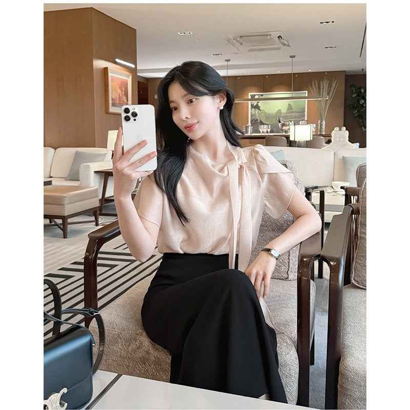 Lace-Up Ruffle Short Sleeve Blouse – Patchwork Detail