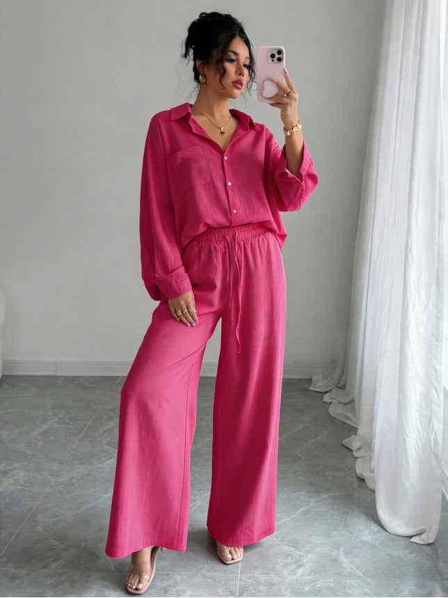 Plus-Size Asymmetric Shirt & High-Waist Wide-Leg Pants – Women’s Casual Two-Piece