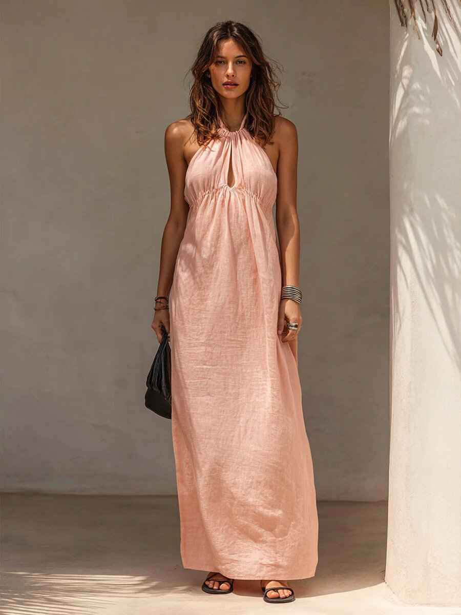Womens Solid-color Long Halter-neck Dress