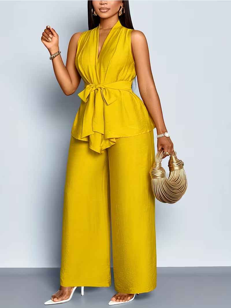 Womens V-neck Sleeveless Asymmetrical Top And Wide-leg Pants Set