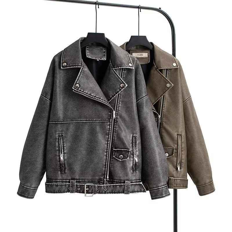 Faux Leather Biker Jacket with Turn-Down Collar
