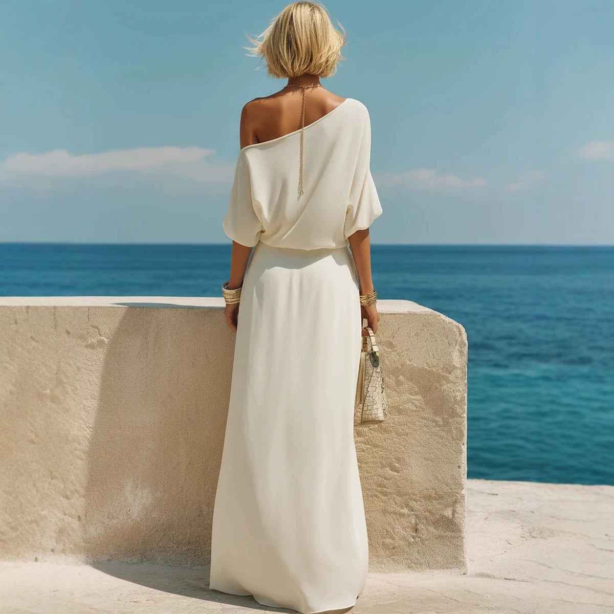 Womens Resort-Style Casual Off-Shoulder Long-Sleeve Top And Elastic-Waist Midi Skirt Set
