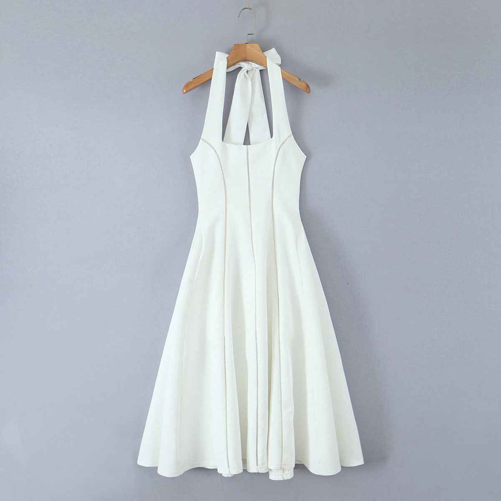 White Backless Halter-neck Mini Dress with Flared Hem