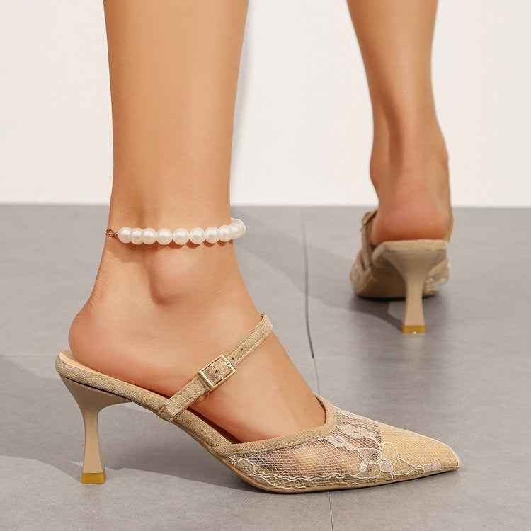 Mesh Pointed Toe Closed Mules — Apricot & Black, EU 35–42