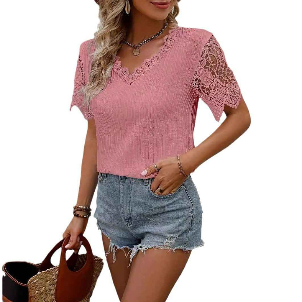 Women's Contrast Colour Lace-Trim V-Neck Pullover Top