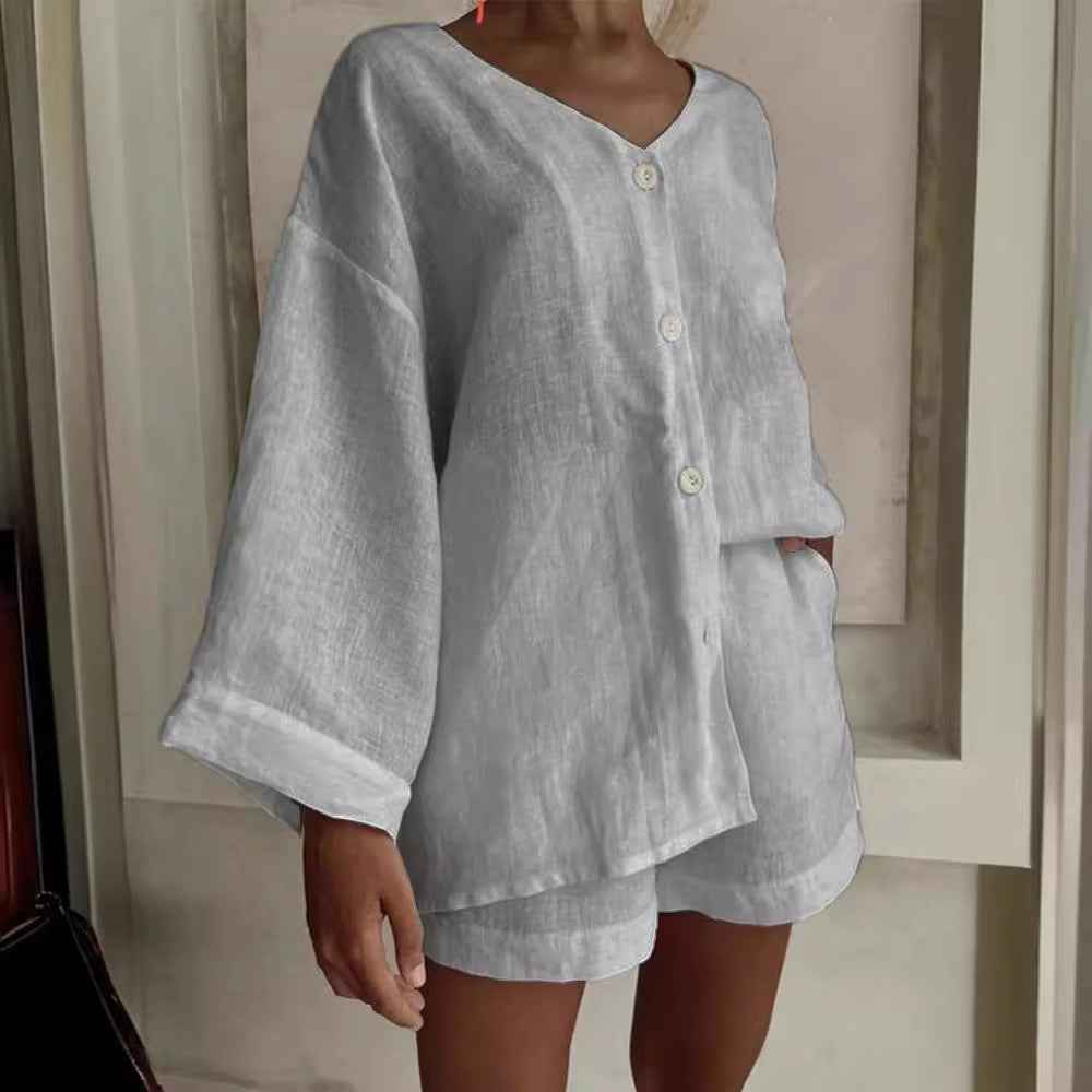 Cotton-Linen Long-Sleeve Shirt & Shorts Casual Two-Piece Set
