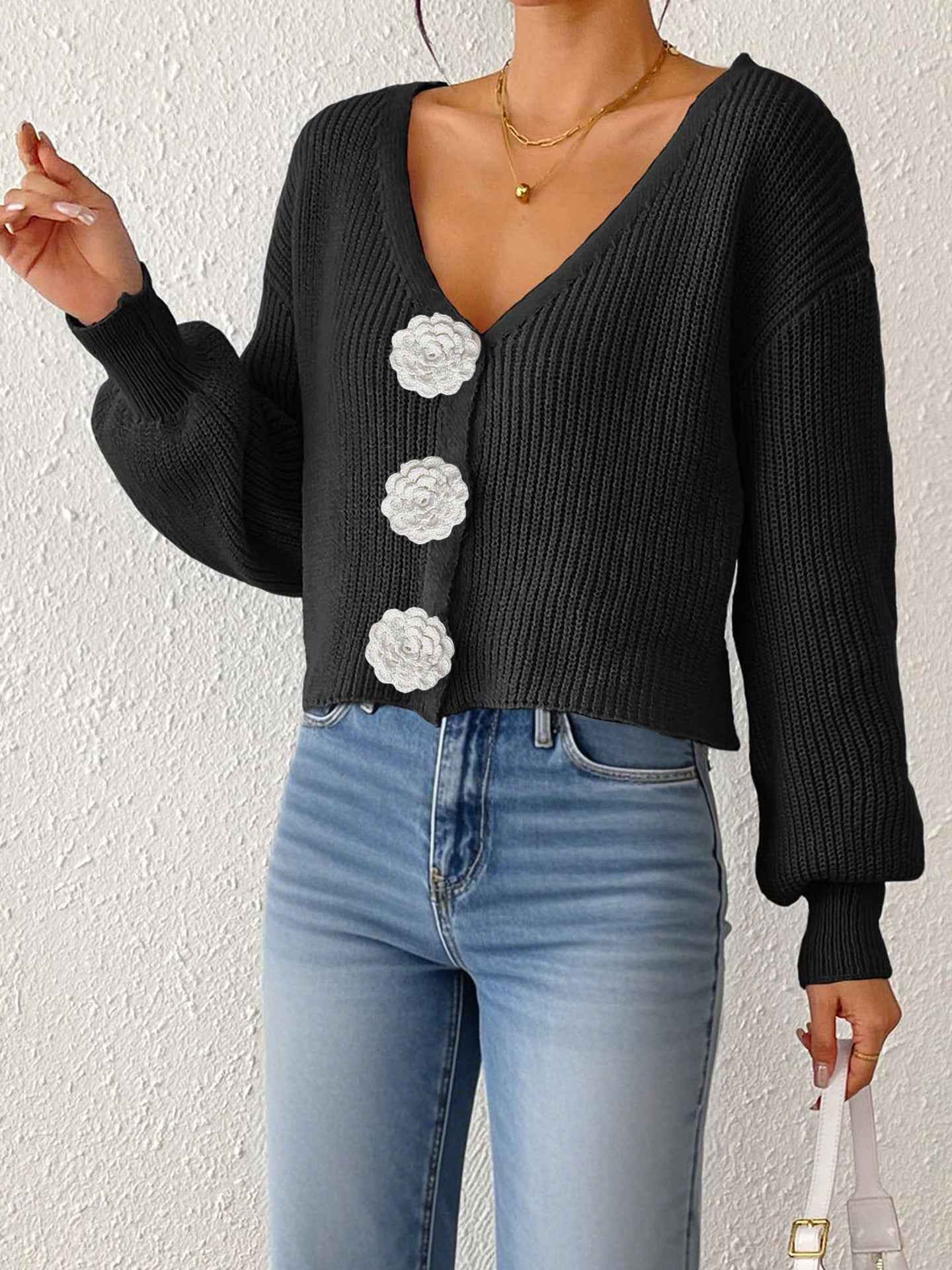 3D Floral Crochet Open-Front Cardigan – Cropped, Long Sleeve