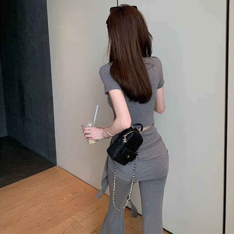 Womens Summer American-Style Short T-Shirt Mock Two-Piece Lace-Up Flare Pants Ultra-Stretch Yoga Two-Piece Set