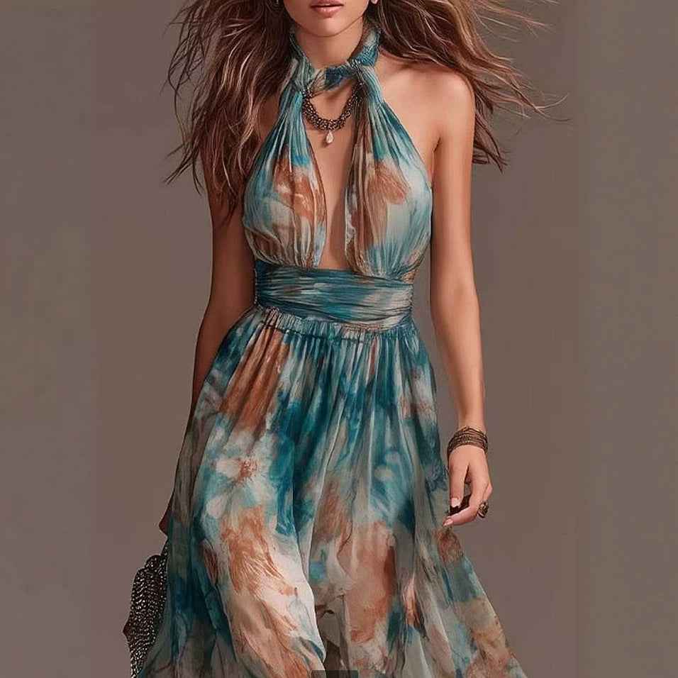 Women's Halterneck Backless Printed Maxi Dress