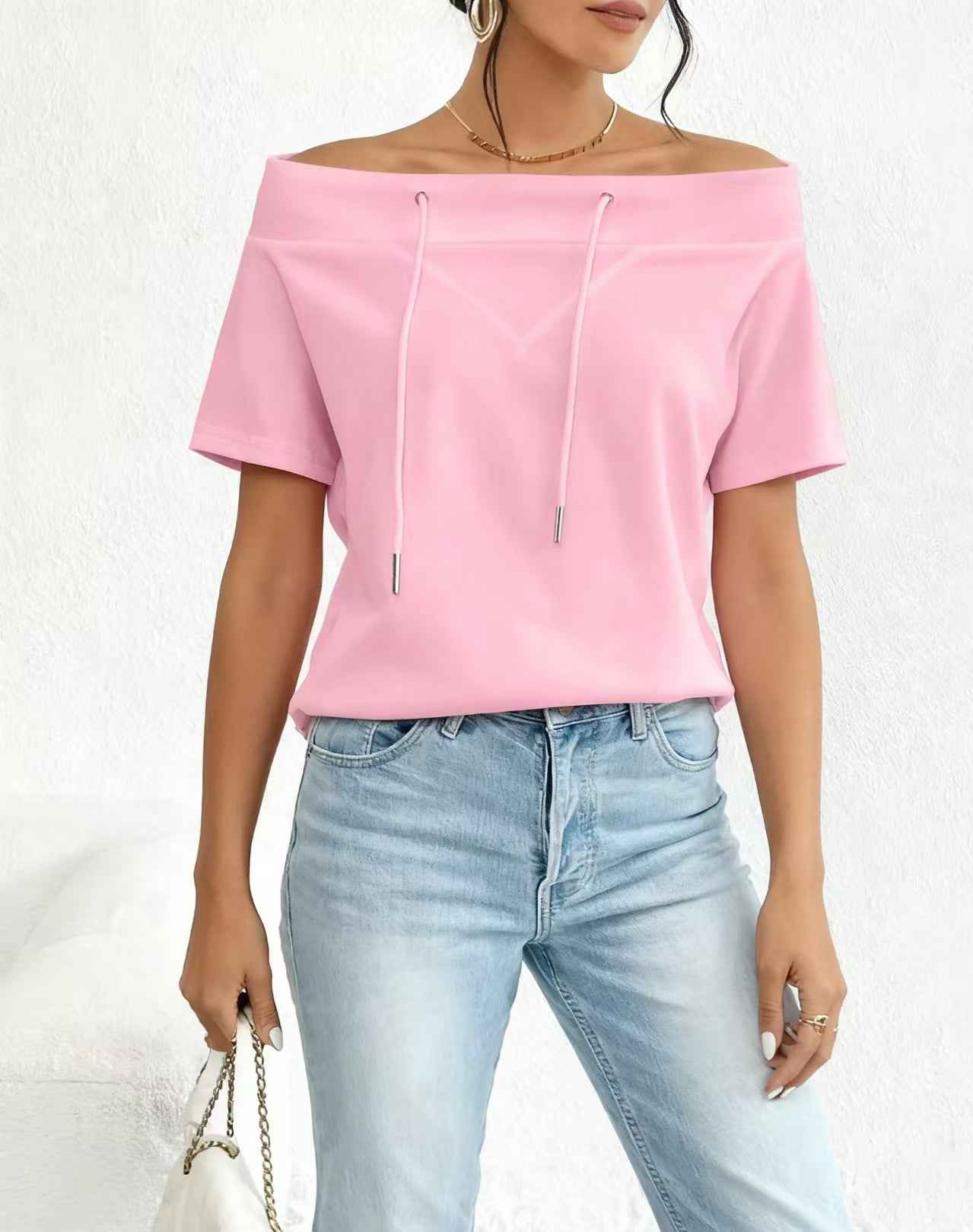 Off-Shoulder Drawstring Knit Top
