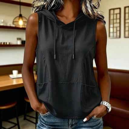 Fashionable Casual Solid-color Hooded Sleeveless Top T-shirt Vest