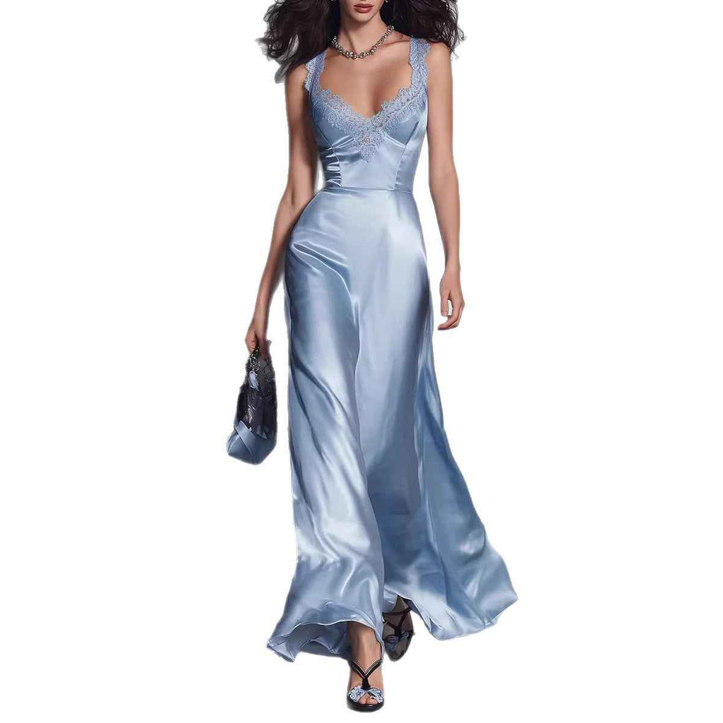 Sleeveless V-Neck Lace Trim Hollow-Out Maxi Dress