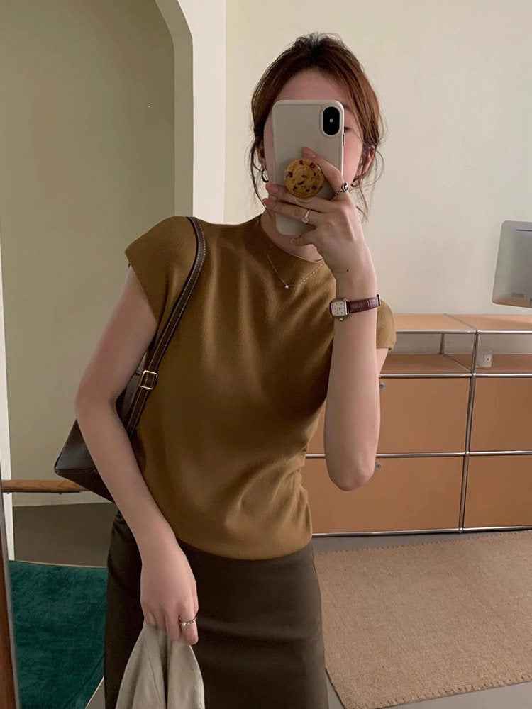 Womens Half-Neck Short-Sleeve T-Shirt Summer Slim-Fit Cropped Knit Top
