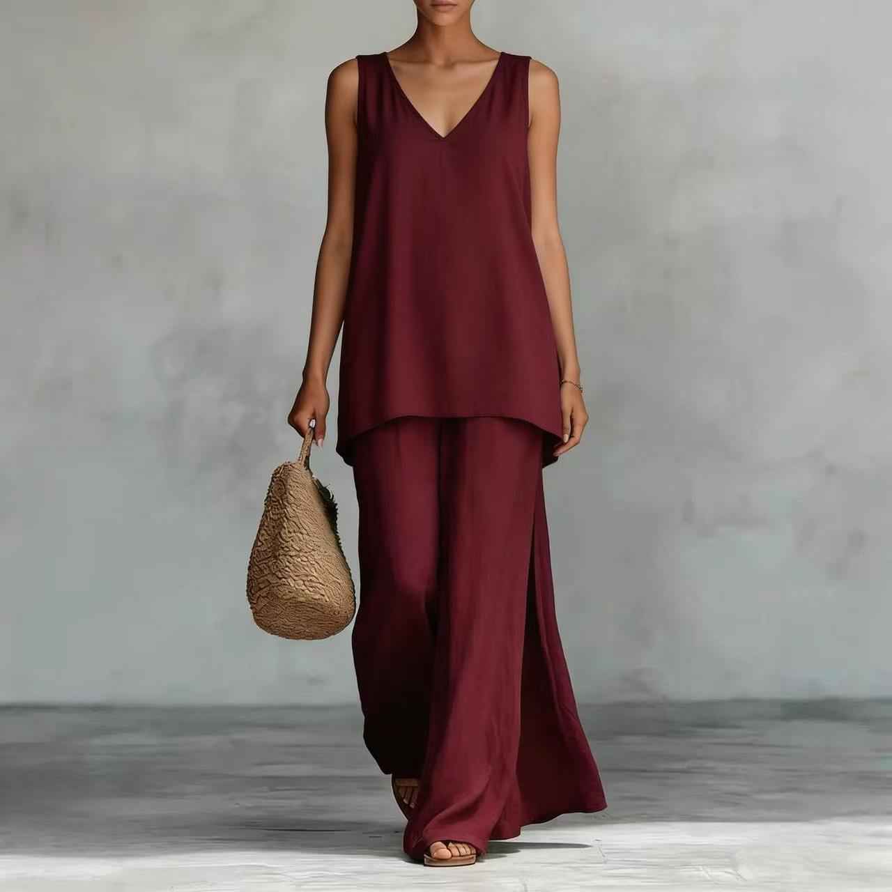 Bohemian V-Neck Vest & Wide-Leg Pants Set
