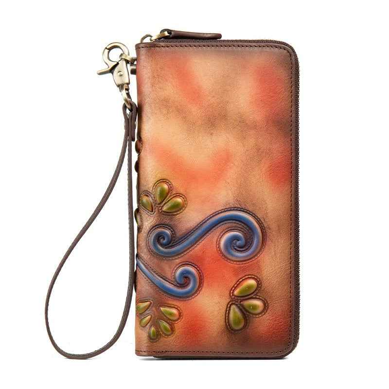 Floral Genuine Leather Zipper Wallet – Retro Style