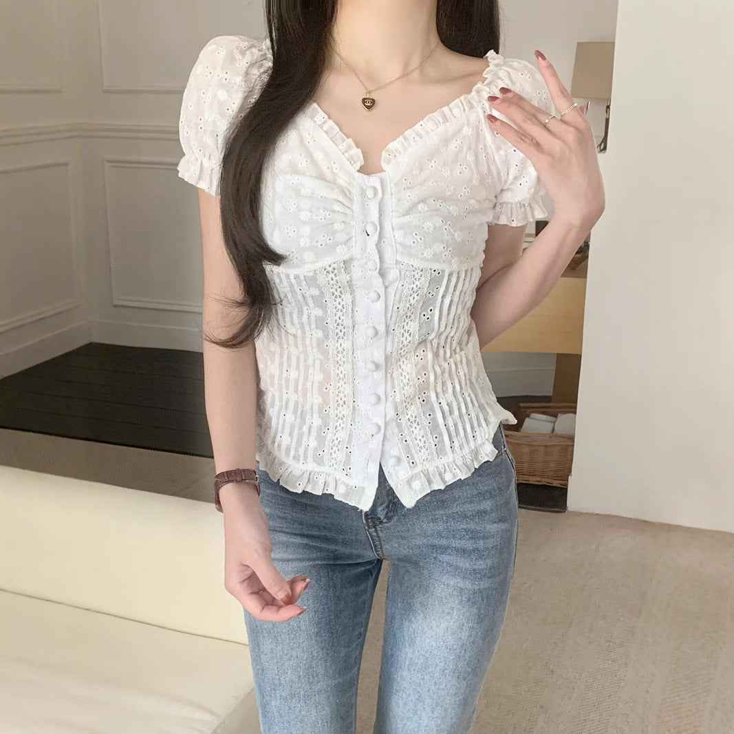 Women's Lace Appliqué Puff-Sleeve Slim Blouse — White, S–XL
