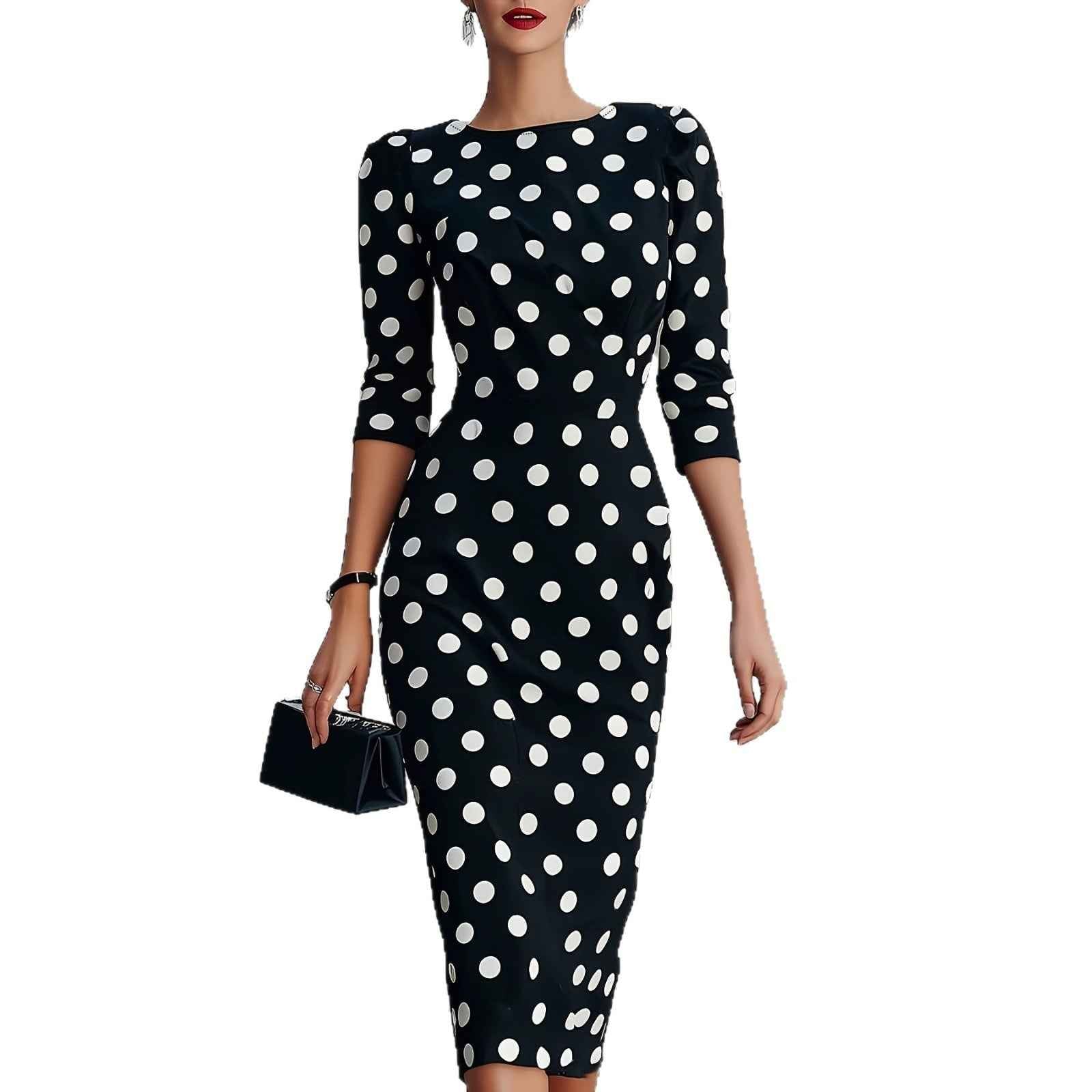 Women's Polka Dot Long-Sleeve Slim Midi Dress — Black, S–2XL