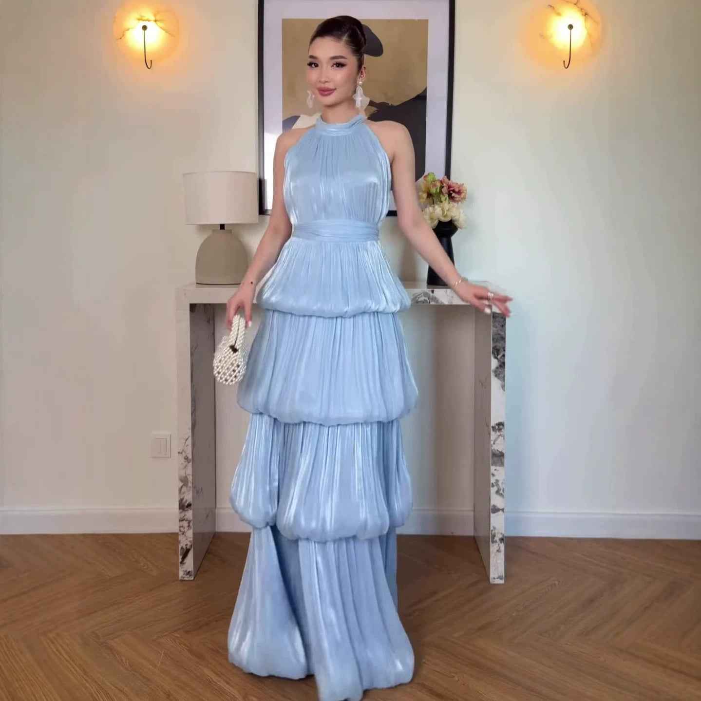 Off-shoulder Halter-neck Silk Dress For Women