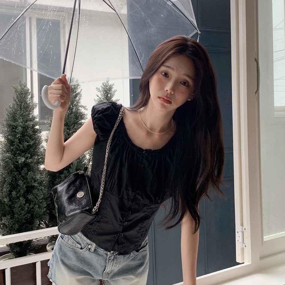 Puff Sleeve Patchwork Blouse — Korean Style, Cotton Blend, Slim Fit