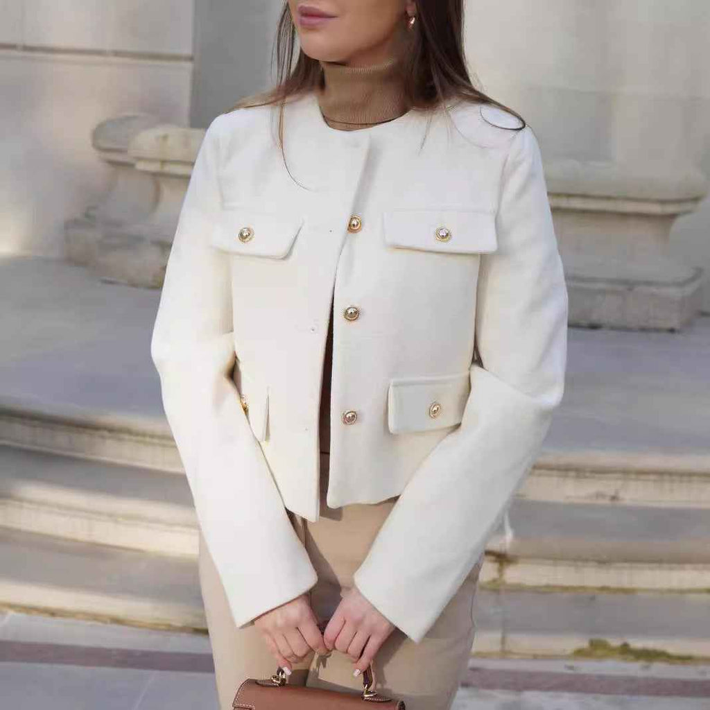 Cropped Crew-Neck Jacket with Pockets