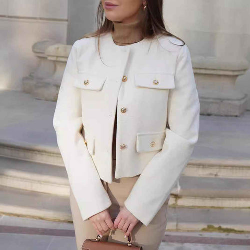 Cropped Crew-Neck Jacket with Pockets