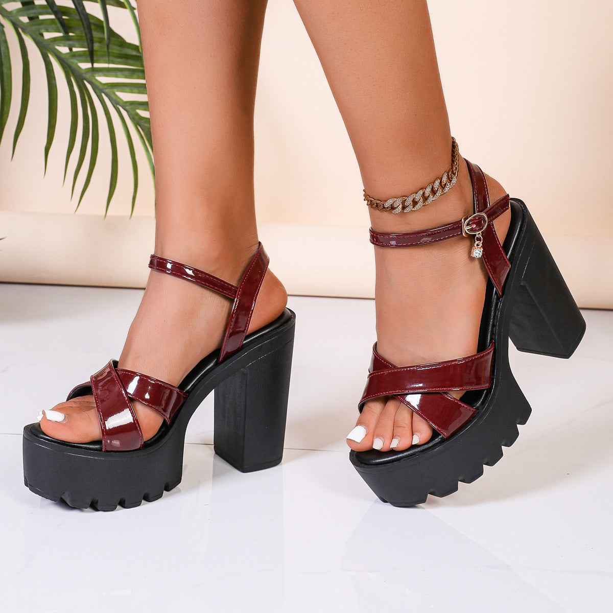 Women's Patent Leather Platform Sandals – Buckle Round Toe Low Heel in Black, White & Wine Red