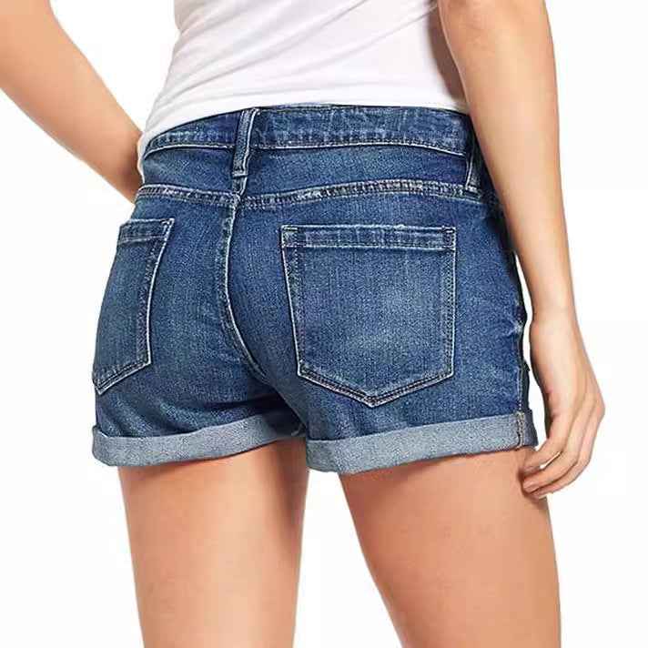 Stretchy Ripped Denim Shorts – Mid-Rise Straight Leg