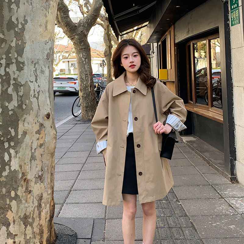 Khaki Geometric Trench Coat — Korean Style, Wrinkle-Resistant, Long Sleeve