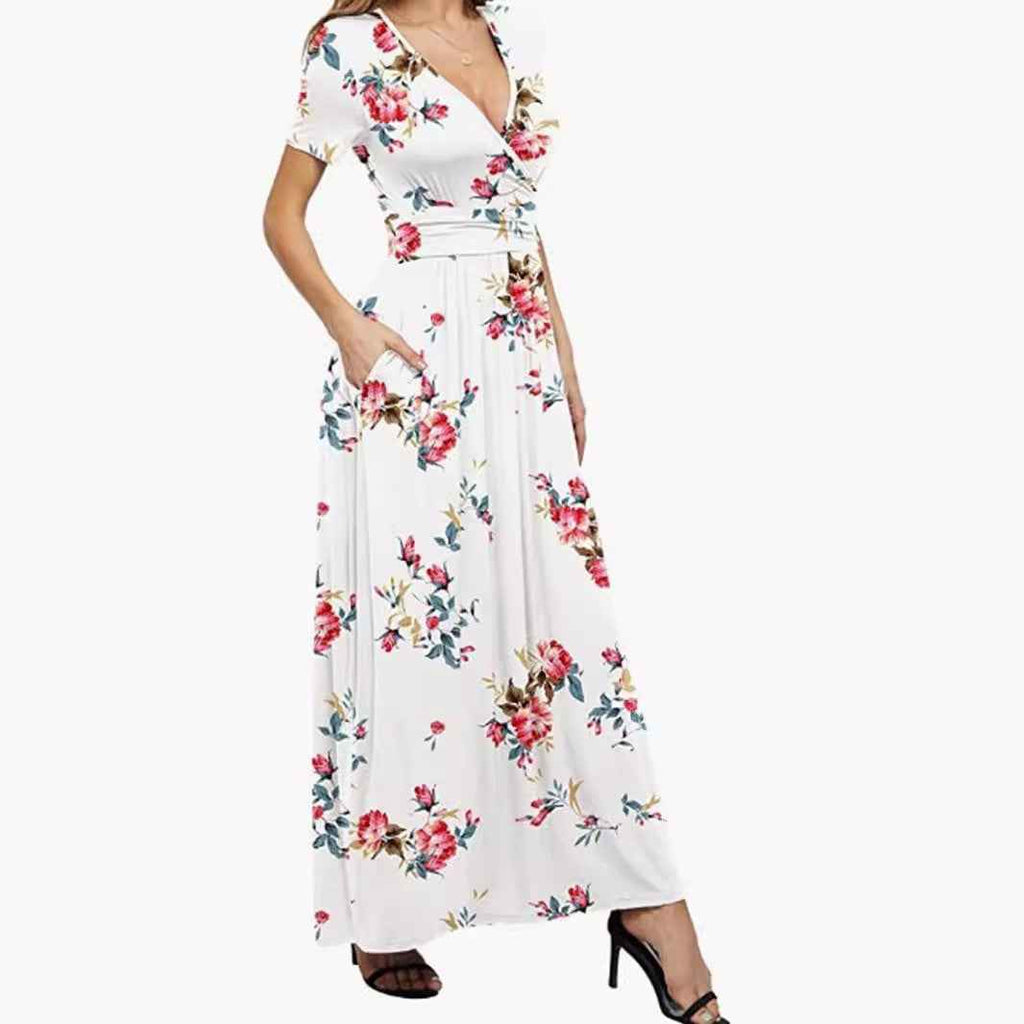Printed V-neck Short Sleeve Dress